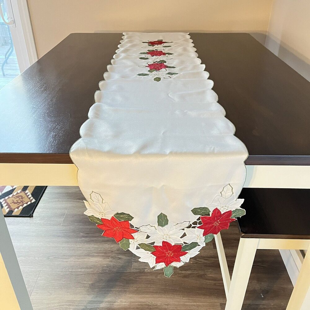 VTG Polysatin Christmas Table Runner Long Red Poinsettas Gold trim 13.5 x 88in